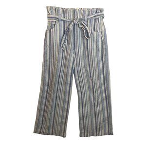 GAP Wide-Leg Linen Blend Ankle Pants Womens Size 8 Blue & White Stripe With Belt
